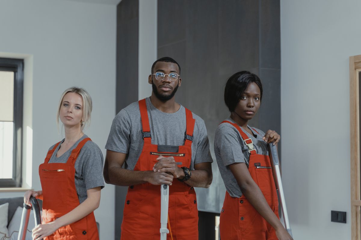 Facilities management cleaning team in a commercial building