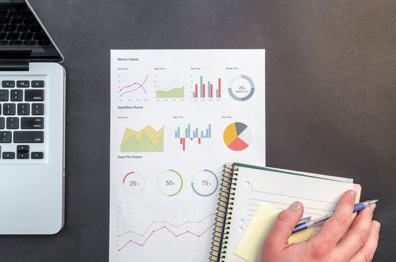 Overhead view of data charts and analysis spread across a business desk